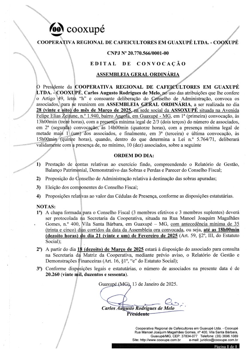 Cooxupé convoca associados para Assembleia Geral Ordinária no dia 28 de março