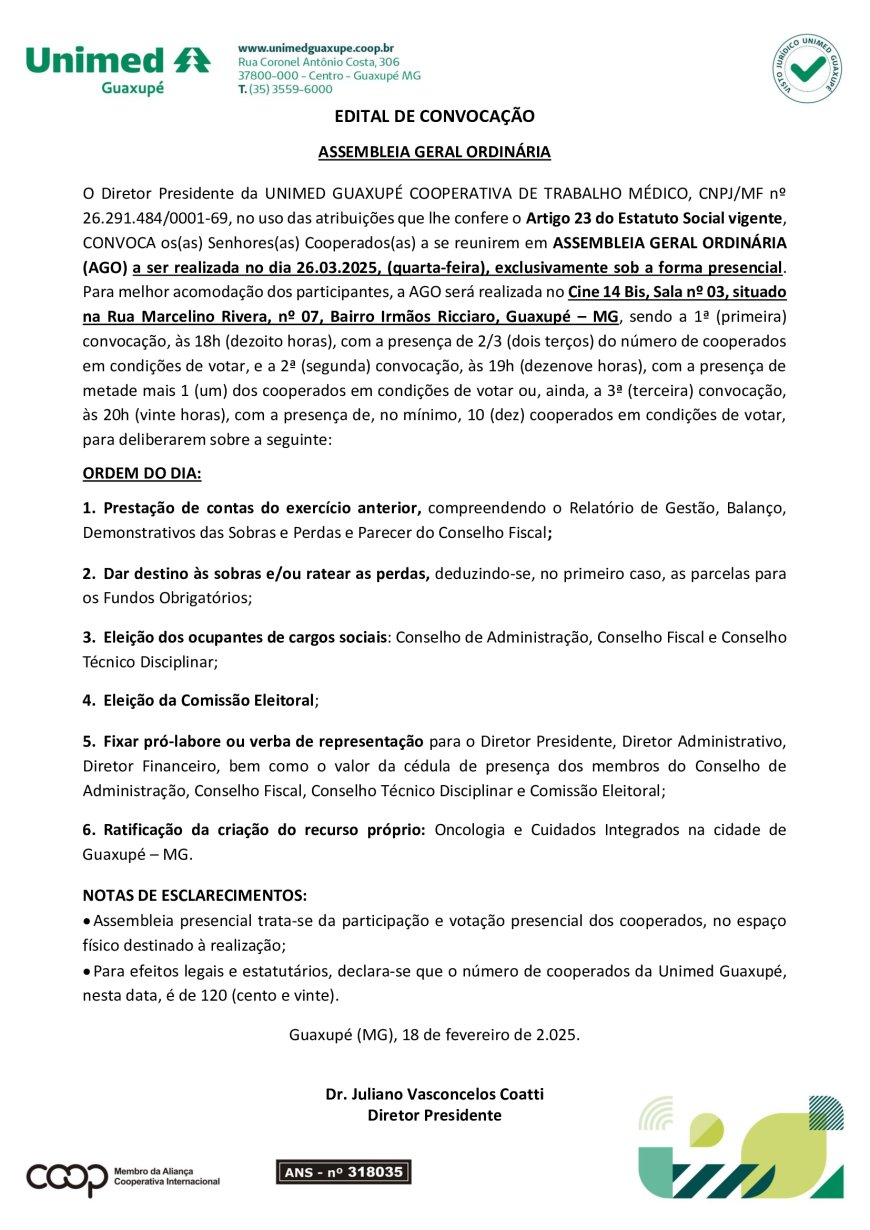 Unimed Guaxupé convoca Médicos e Cooperados para Assembleia Geral Ordinária no dia 26 de março