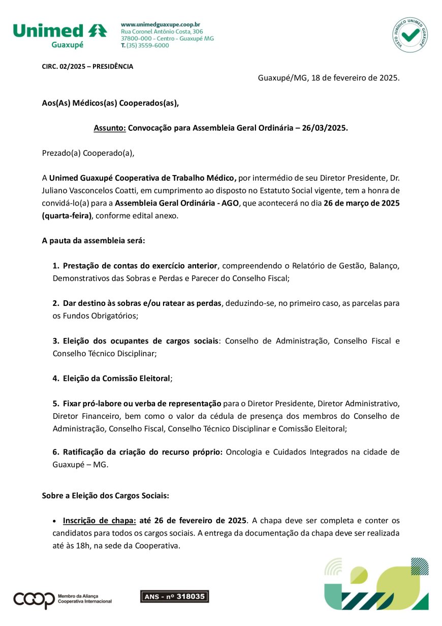 Unimed Guaxupé convoca Médicos e Cooperados para Assembleia Geral Ordinária no dia 26 de março