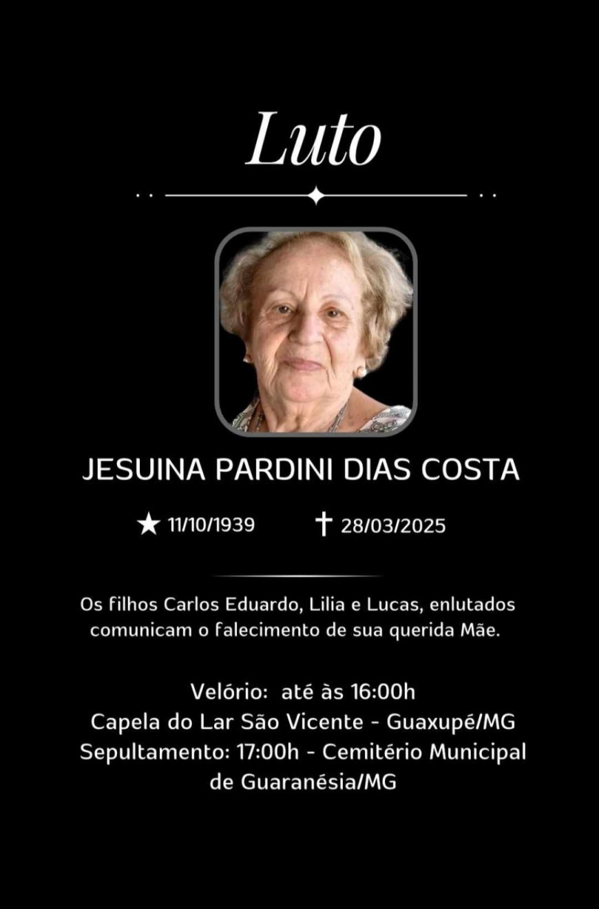 Nota de Falecimento: Jesuina Pardini Dias Costa, aos 86 anos