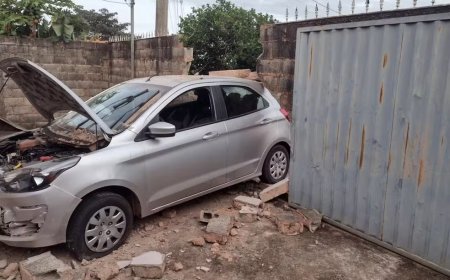 Carro atinge muro e invade quintal de casa em São Sebastião do Paraíso