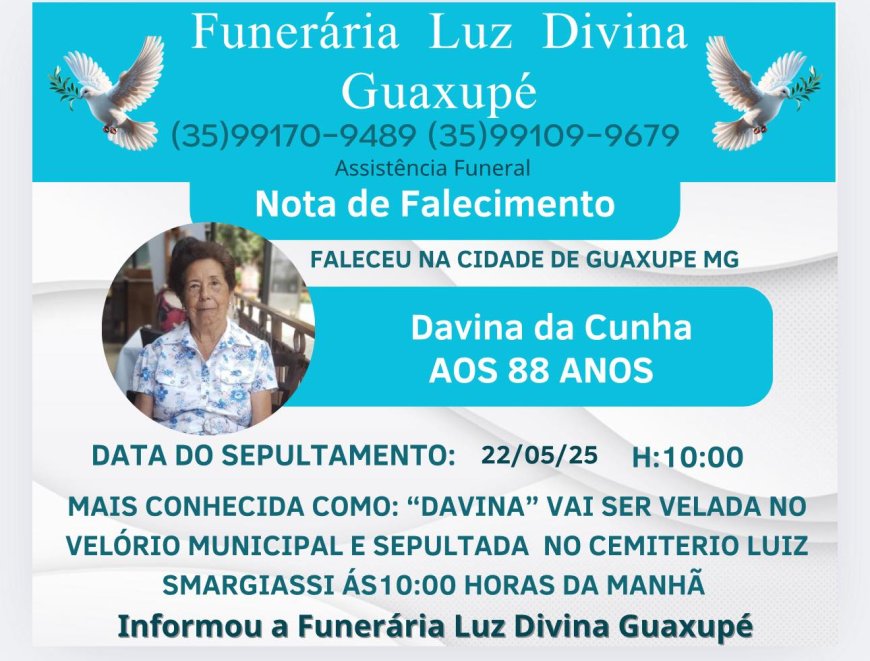 Nota de Falecimento: Davina da Cunha, aos 88 anos