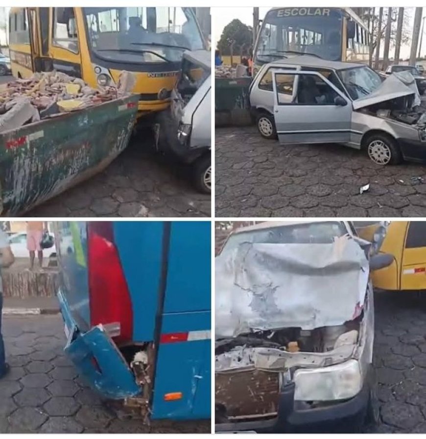 Em Guaranésia, ônibus escolar perde o freio e atinge traseira de Fiat Uno, deixando condutora ferida