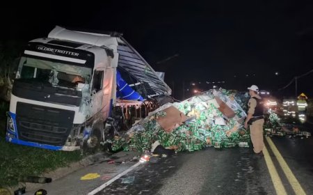 Caminhão tomba na MG-050 ao tentar desviar de animal e carga de cerveja se espalha pela rodovia