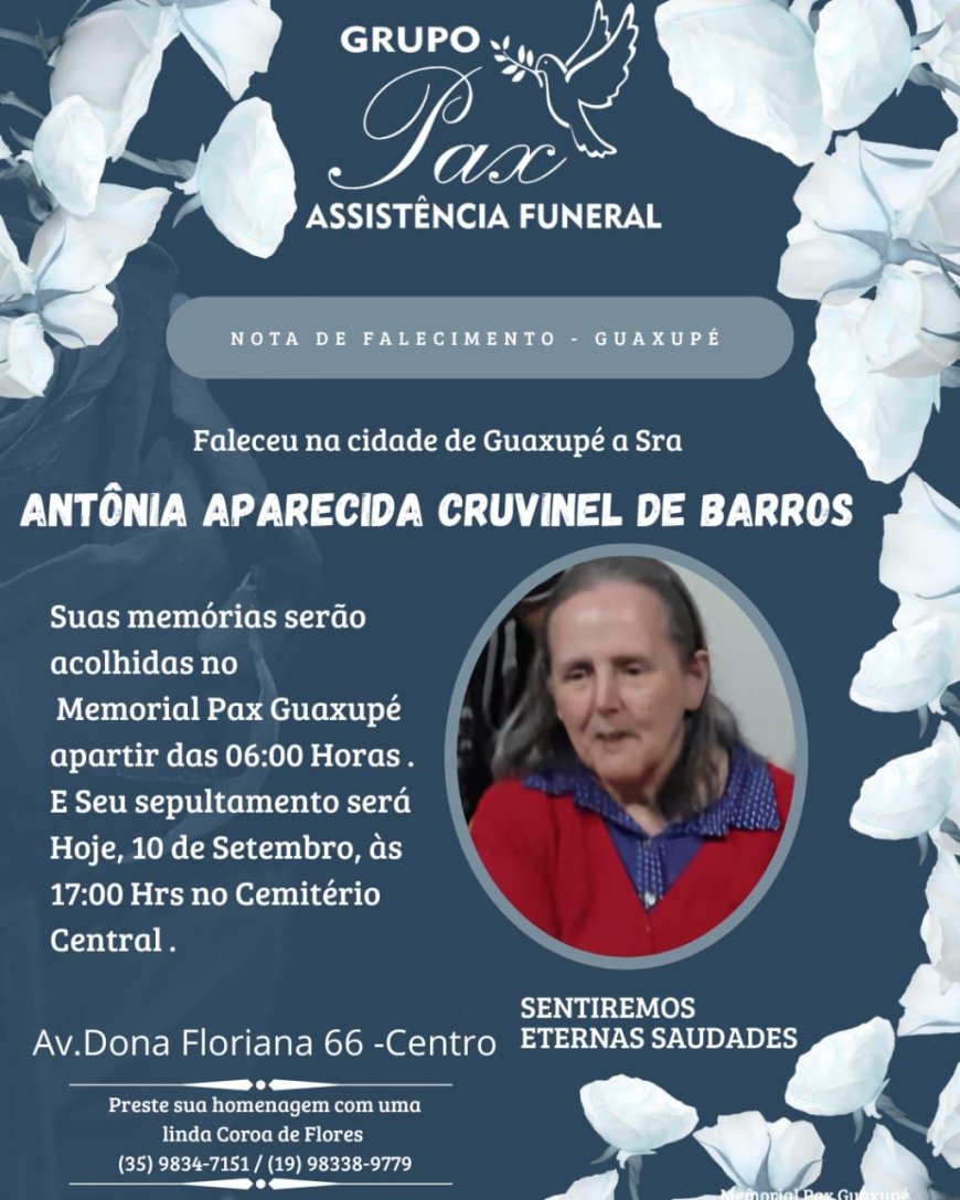 Nota de Falecimento: Antônia Aparecida Cruvinel de Barros, aos 85 anos