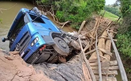 Ponte cai com caminhão carregado de ração em Monte Belo