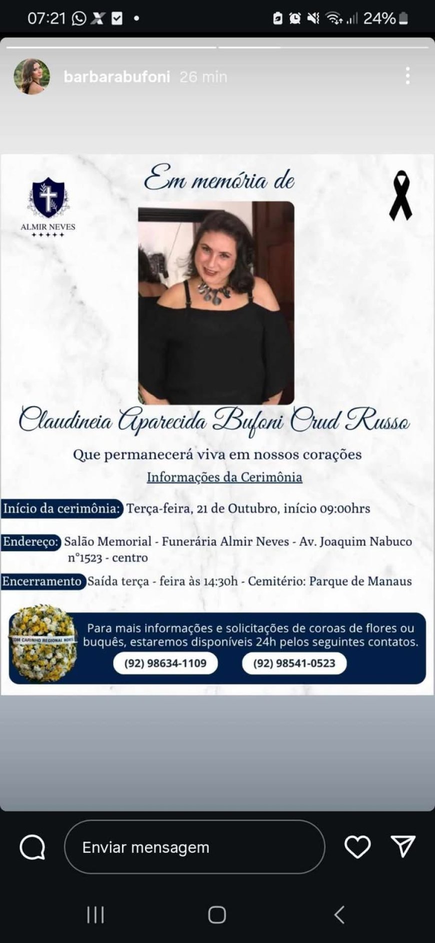 Nota de Falecimento: Claudineia Aparecida Bufoni Crud Russo, aos 58 anos