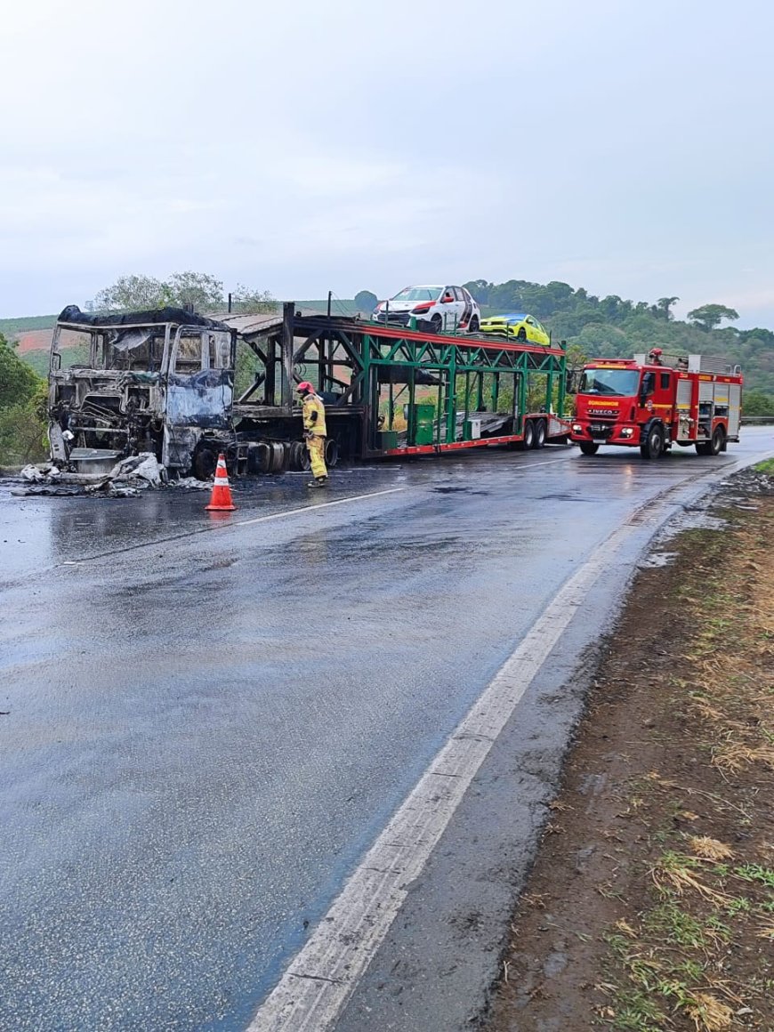Incêndio em carreta cegonha é combatido pelos bombeiros na BR-381