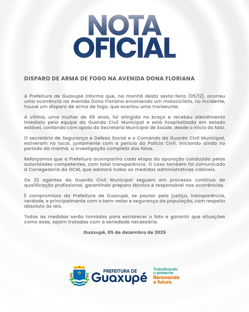 Em Guaxupé, Guarda Municipal atira contra motocicleta, porém atinge mulher na Av. Dona Floriana
