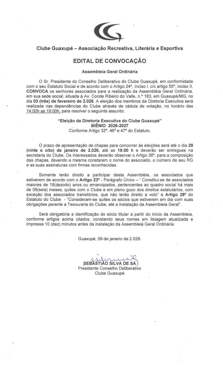 Clube Guaxupé convoca associados para Assembleia Geral Ordinária no dia 3 de fevereiro