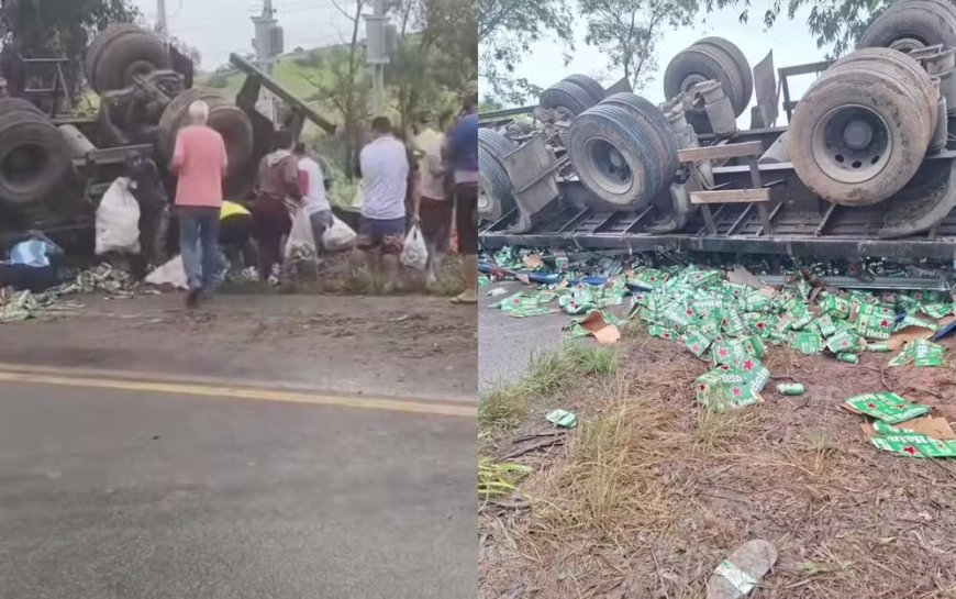 Carga de cerveja espalhada em rodovia é saqueada após tombamento de carreta na MG-184
