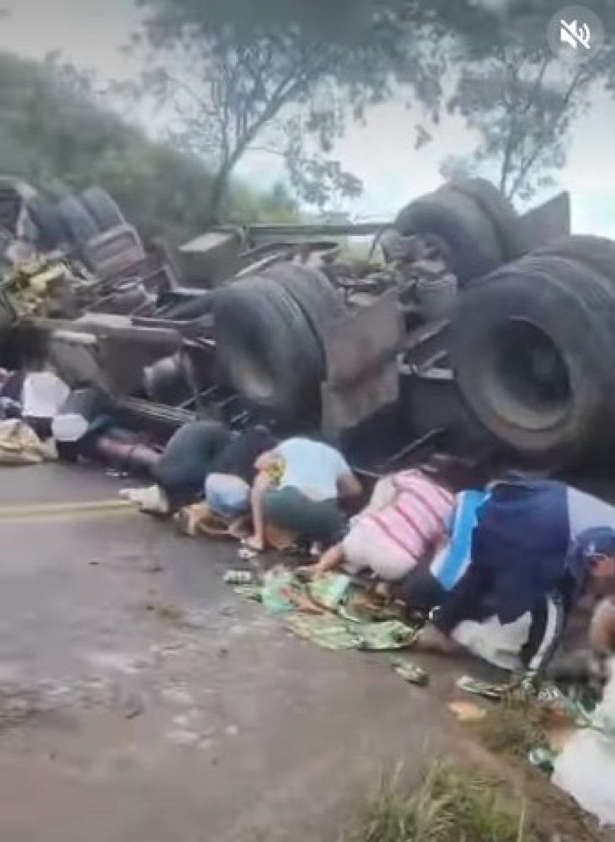 Carga de cerveja espalhada em rodovia é saqueada após tombamento de carreta na MG-184