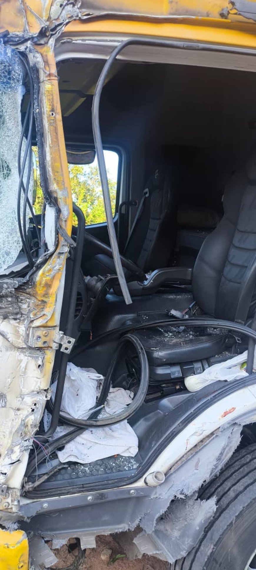 Porta de caminhão é arrancada após violenta colisão frontal na BR-491