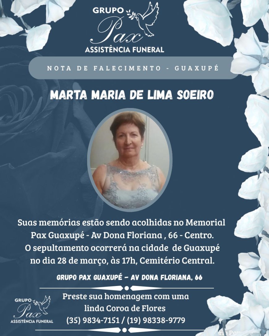 Nota de Falecimento em Guaxupé: Marta Maria de Lima Soeiro, aos 78 anos