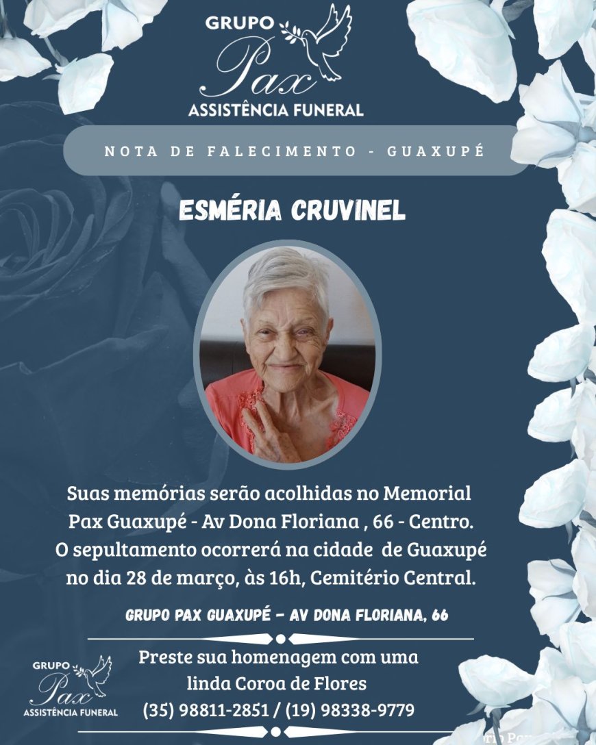 Nota de Falecimento em Guaxupé: Esméria Cruvinel