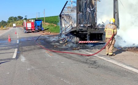 Carreta carregada com macarrão incendeia-se na rodovia BR-381 e mobiliza o Corpo de Bombeiros