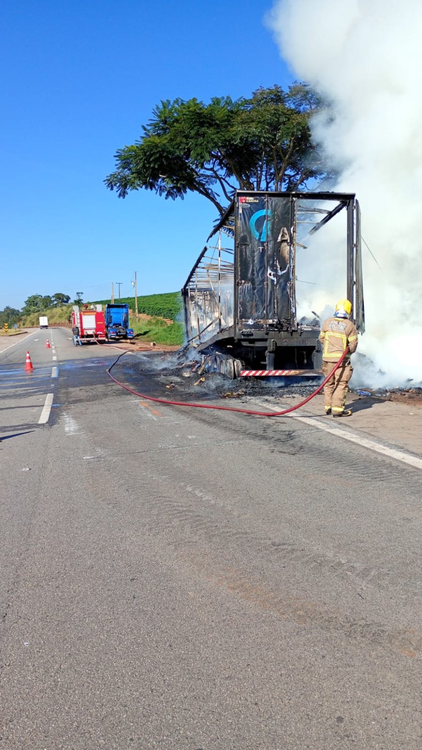 Carreta carregada com macarrão incendeia-se na rodovia BR-381 e mobiliza o Corpo de Bombeiros
