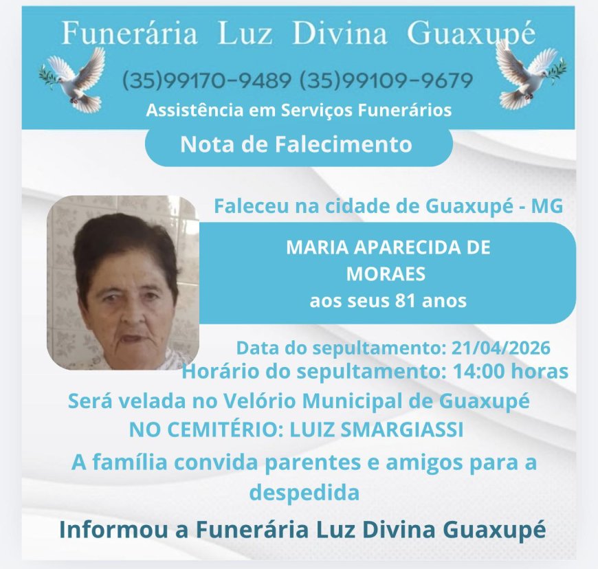 Nota de Falecimento em Guaxupé: Maria Aparecida de Morais, aos 81 anos