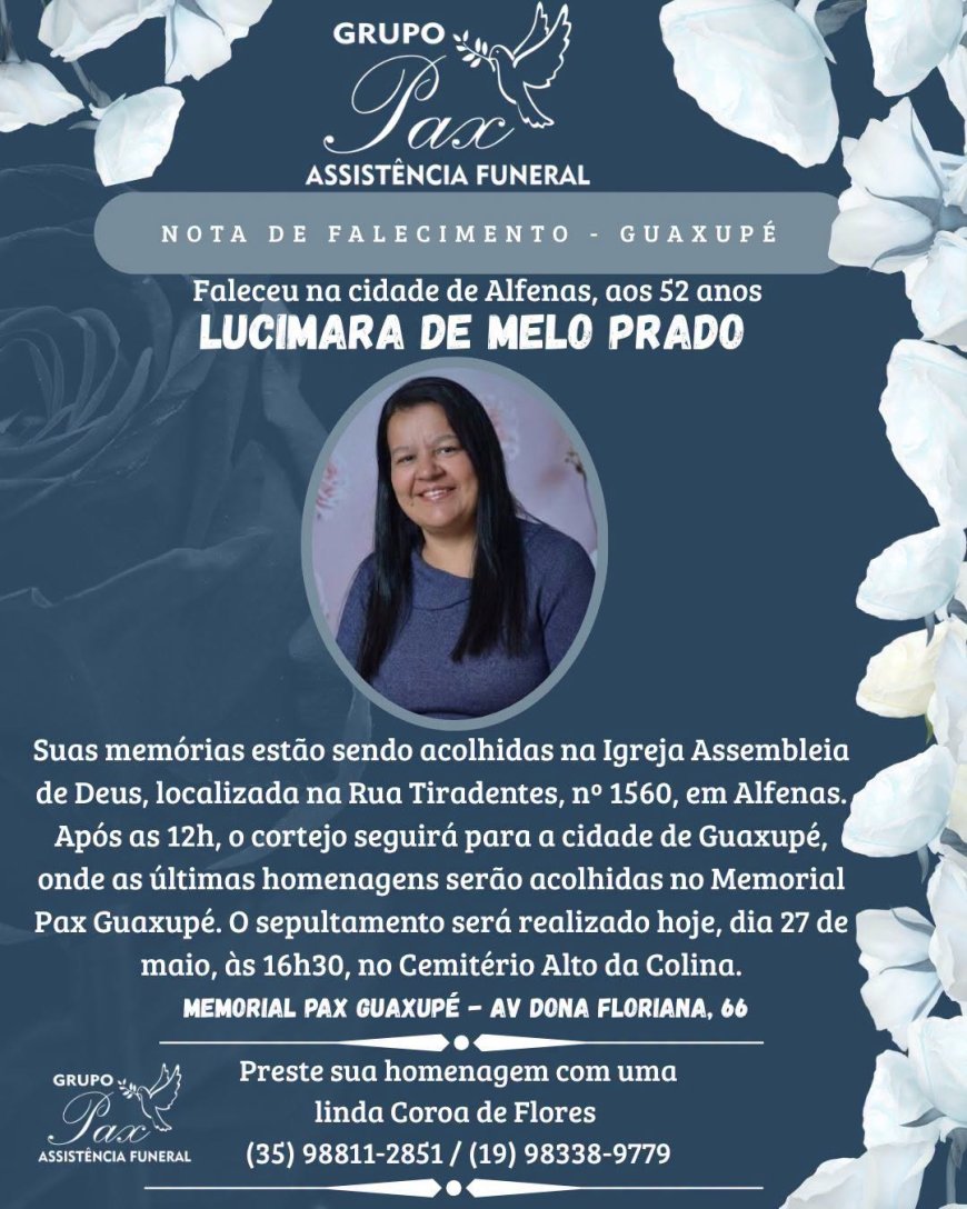 Nota de Falecimento: Lucimara de Melo Prado, aos 52 anos