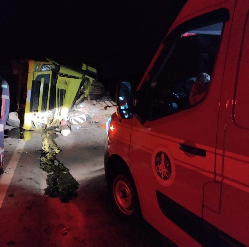 Caminhão carregado com piso cerâmico tomba na MG-455, deixando condutor e sobrinho feridos