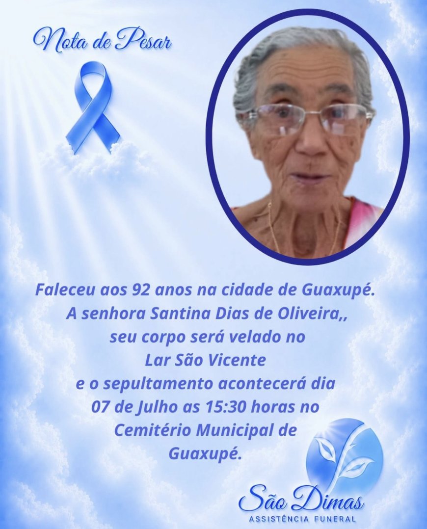 Nota de Falecimento em Guaxupé: Santina Dias de Oliveira, aos 92 anos