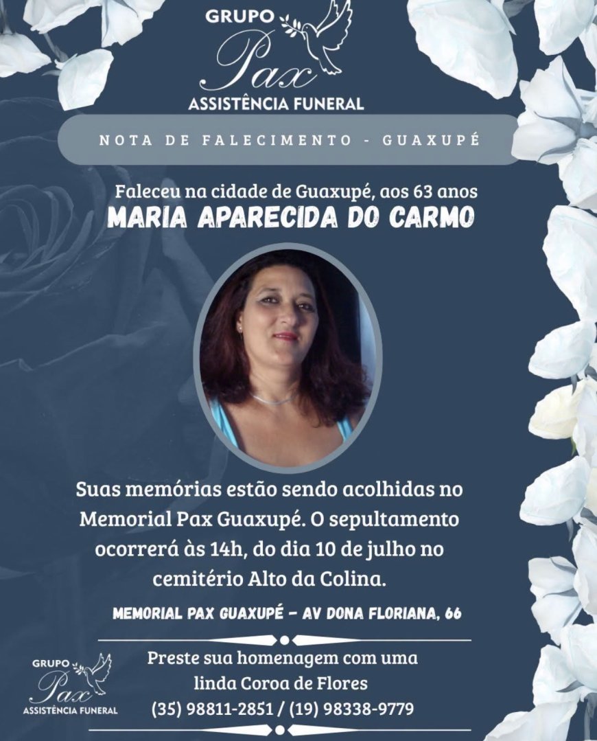 Nota de Falecimento em Guaxupé: Maria Aparecida do Carmo, aos 63 anos