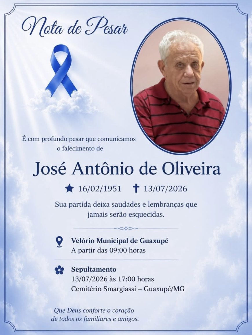 Nota de Falecimento em Guaxupé: José Antônio de Oliveira, aos 75 anos