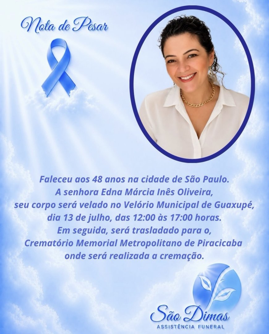 Nota de Falecimento em Guaxupé: Edna Márcia Inês Oliveira, aos 48 anos