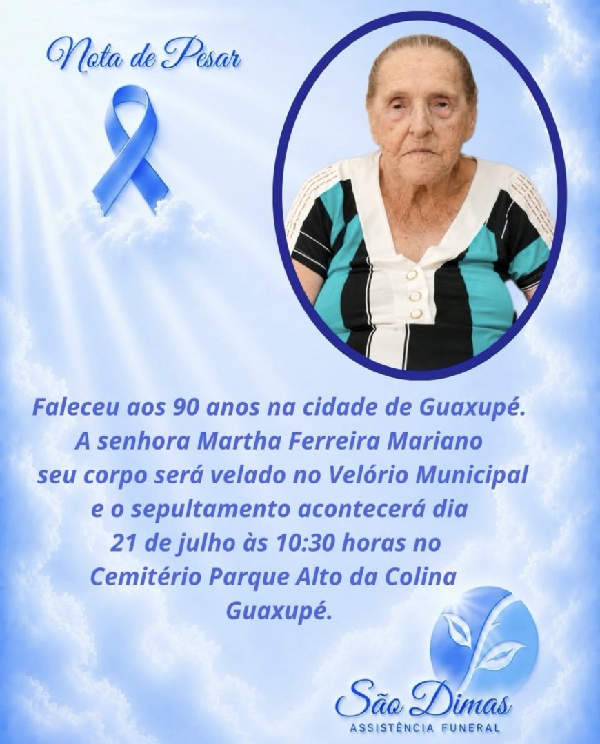 Nota de Falecimento em Guaxupé: Martha Aparecida Mariano, aos 90 anos