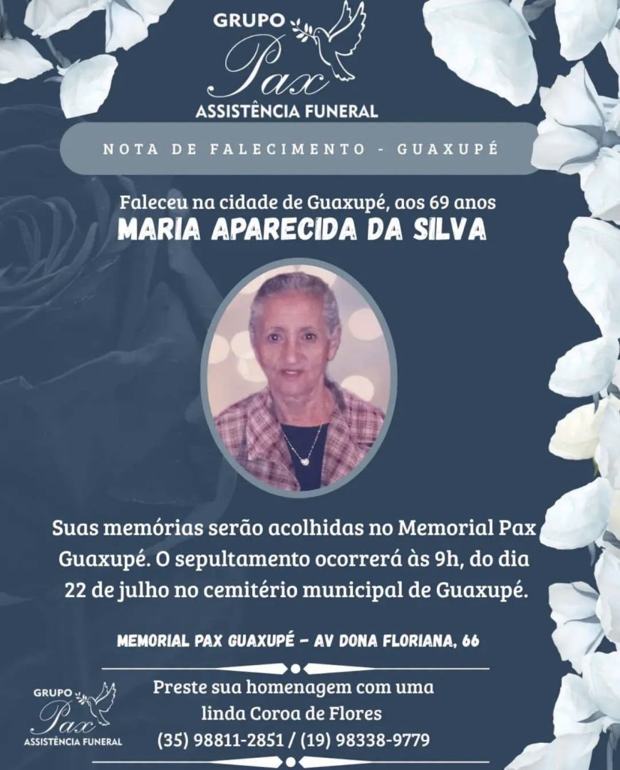 Nota de Falecimento em Guaxupé: Maria Aparecida Vasconcelos, aos 69 anos