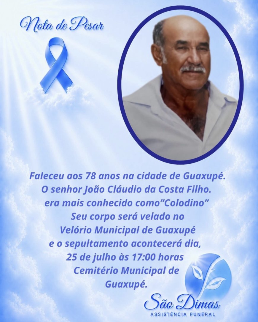 Nota de Falecimento em Guaxupé: João Claudino da Costa Filho, aos 78 anos (Colodino)