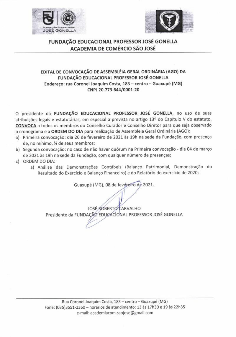Academia de Comércio São José publica edital de convocação de Assembleia Geral Ordinária (AGO)