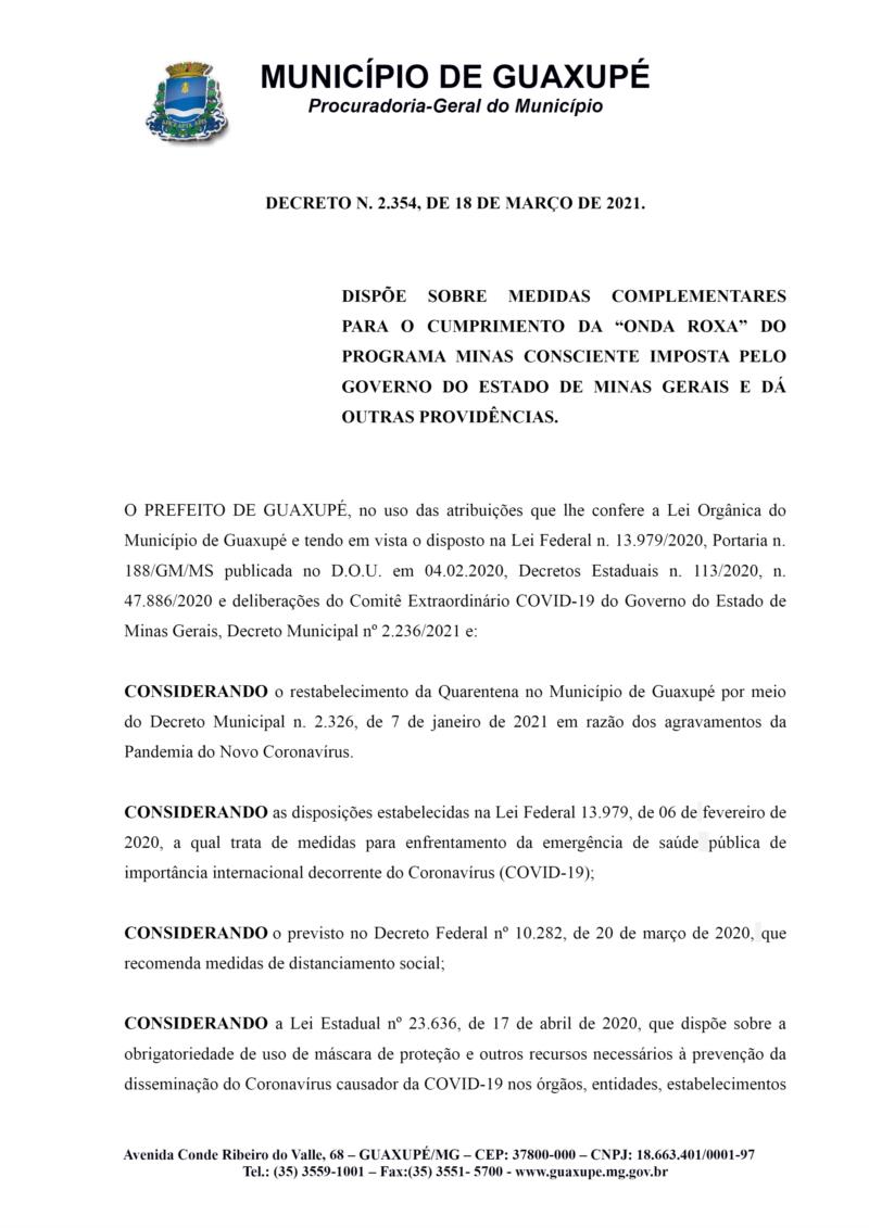 Após aderir à "Onda Roxa", Prefeitura de Guaxupé publica novo Decreto