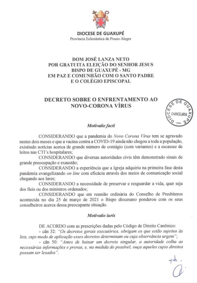 Como forma de prevenção ao Coronavírus, Diocese de Guaxupé decreta suspensão das atividades por tempo indeterminado