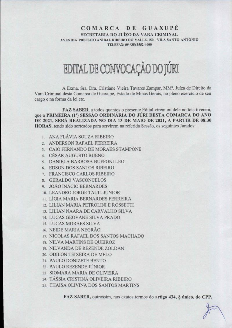 Pauta de julgamento e Edital de Convocação de Júri em Guaxupé