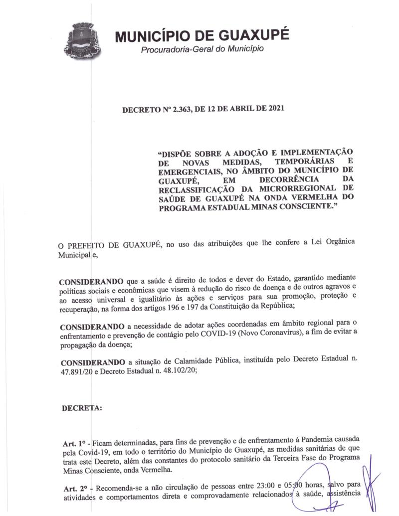 Já na "Onda Vermelha", Prefeitura de Guaxupé publica novo Decreto 