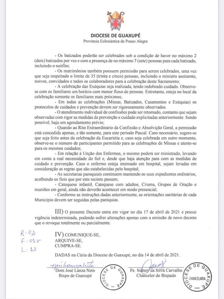 Em novo Decreto, Diocese de Guaxupé volta a permitir missas presenciais, batizados e casamentos 