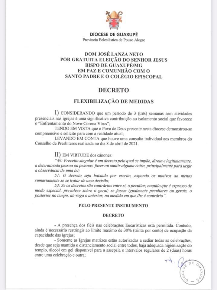 Em novo Decreto, Diocese de Guaxupé volta a permitir missas presenciais, batizados e casamentos 