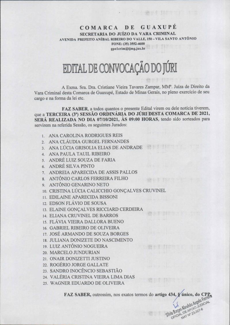 Comarca de Guaxupé publica Julgamento e Edital de Convocação de Júri, a ser realizado no dia 7 de outubro