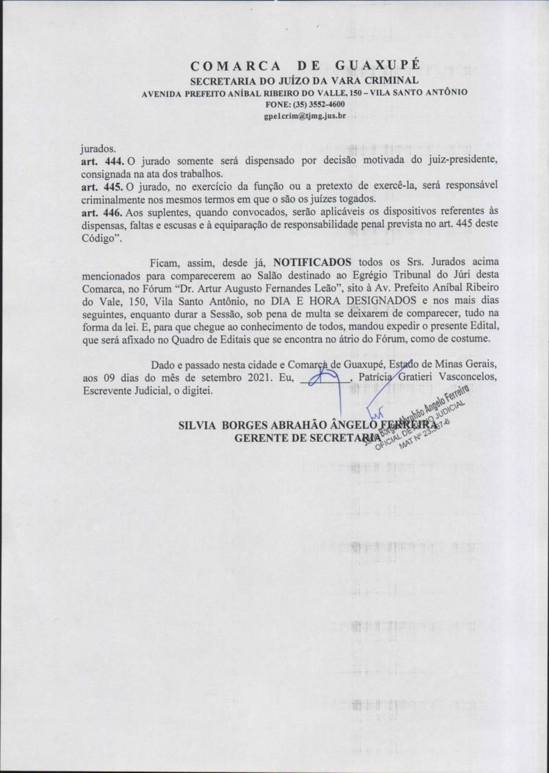 Comarca de Guaxupé publica Julgamento e Edital de Convocação de Júri, a ser realizado no dia 7 de outubro