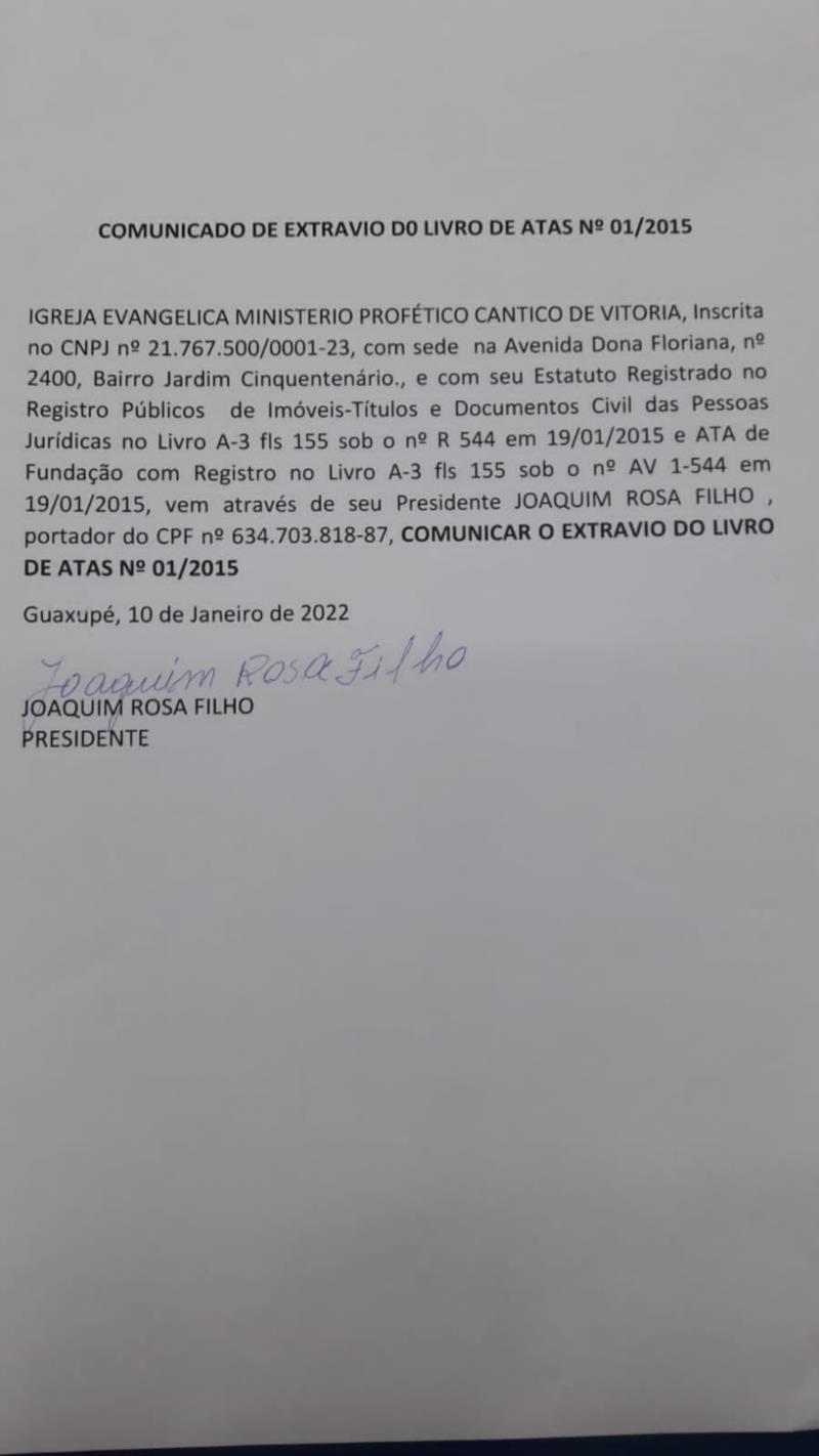 Igreja Evangélica de Guaxupé comunica extravio do livro de atas