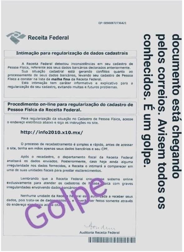 Receita Federal alerta sobre fraude via correspondência