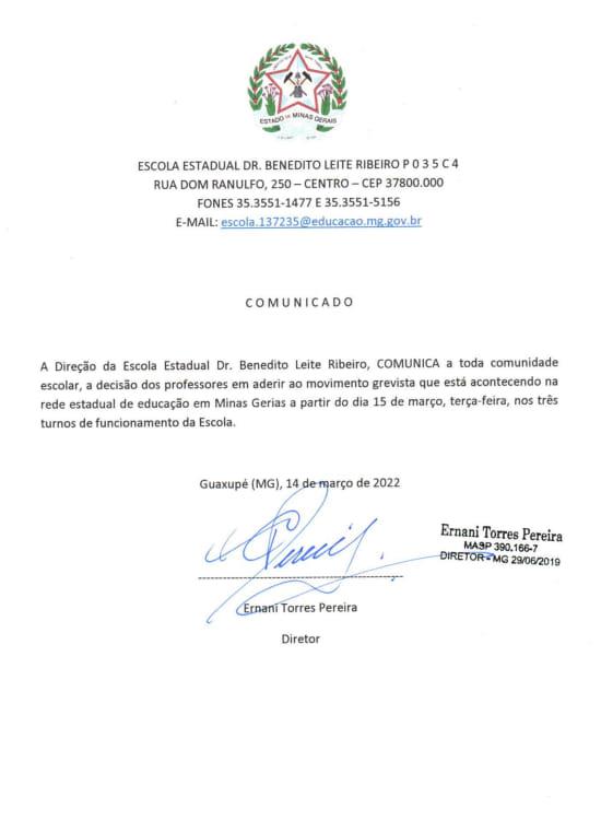 Ginásio Estadual de Guaxupé comunica adesão dos professores à greve da rede estadual de educação em Minas