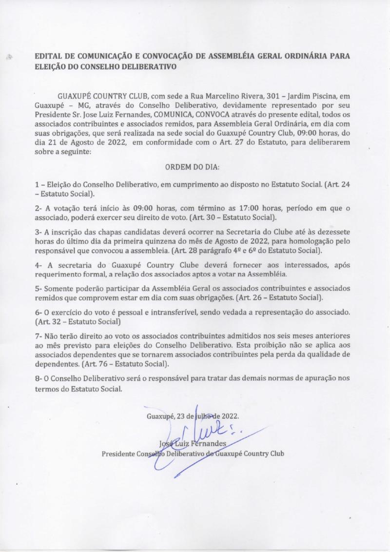 Country Club convoca associados para Assembleia Geral Ordinária 