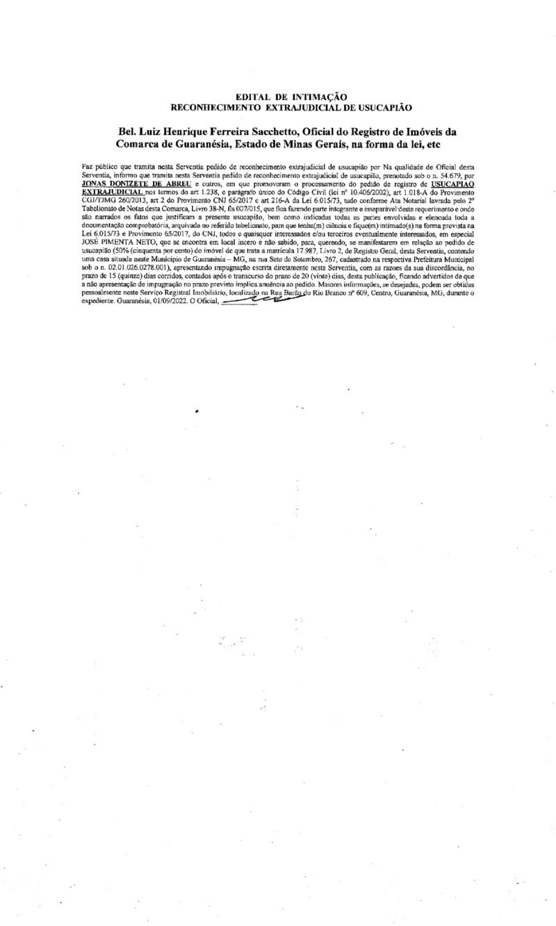 Edital de Intimação - Reconhecimento Extrajudicial de Usucapião 