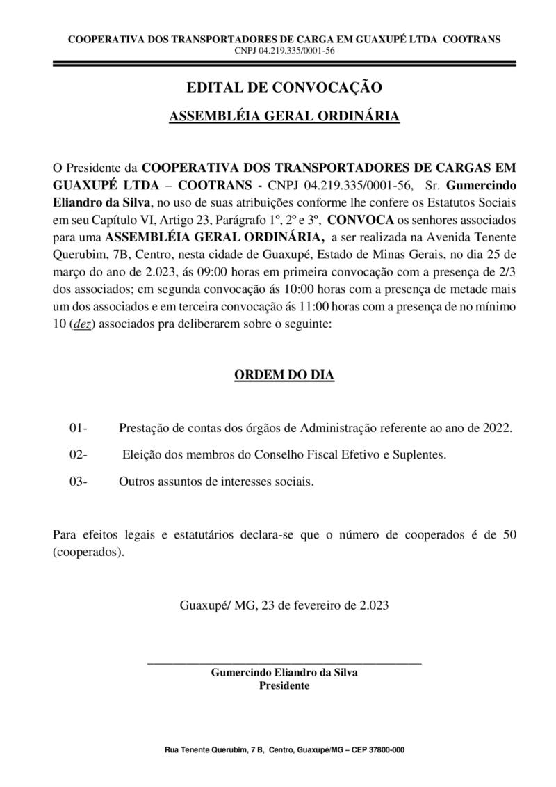 Cootrans convoca associados para Assembleia Geral Ordinária no dia 25 de março 