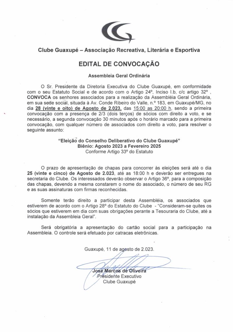 Clube Guaxupé convoca associados para Assembleia Geral Ordinária no dia 28 de agosto 