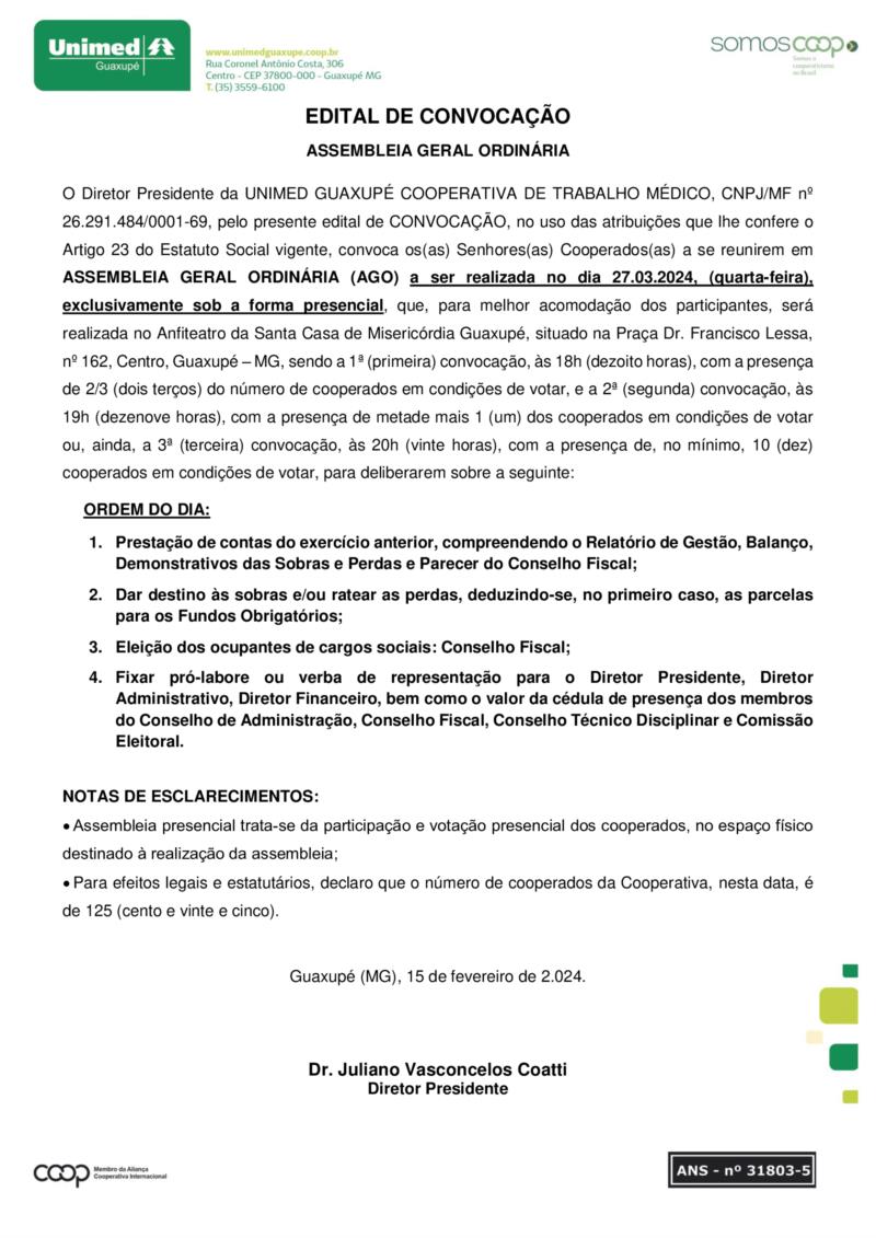 Unimed Guaxupé convoca cooperados para Assembleia Geral Ordinária no dia 27 de março 